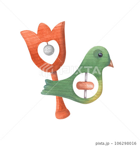 Composition of two childrens wooden rattles. Beanbag, bird, wooden toys. Entertainment for babies. Fun. Watercolor illustration isolated on white background. For the design of baby show cards. Composition of two childrens wooden rattles. Beanbag, bird, wooden toys. Entertainment for babies. Fun. Watercolor illustration isolated on white background. For the design of baby show cards. 106298016
