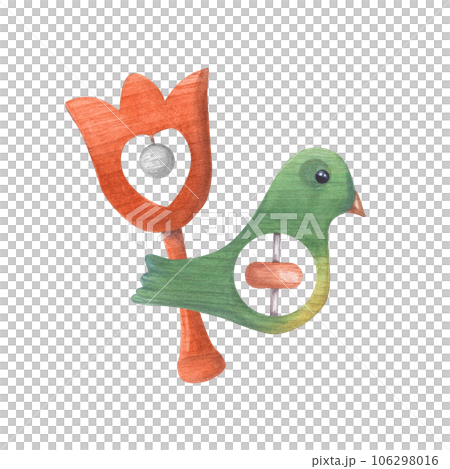 Composition of two childrens wooden rattles. Beanbag, bird, wooden toys. Entertainment for babies. Fun. Watercolor illustration isolated on white background. For the design of baby show cards. Composition of two childrens wooden rattles. Beanbag, bird, wooden toys. Entertainment for babies. Fun. Watercolor illustration isolated on white background. For the design of baby show cards. 106298016