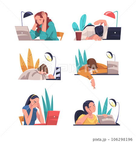 Tired Young Man and Woman Vector Illustration Set 106298196