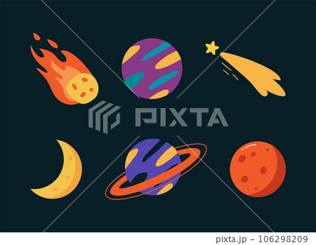 Saturn Planet, Moon and Asteroid as Space Adventure and Exploring Galaxy Vector Illustration Set 106298209