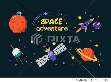 Space Adventure with Sputnik or Satellite Exploring Galaxy, Moon and Rocket Vector Set 106298210