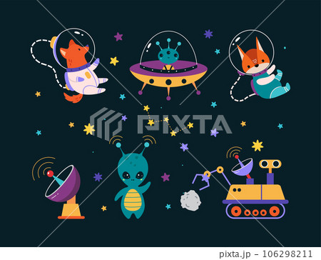 Space Adventure with Animal Astronaut Character and Alien Vector Set 106298211