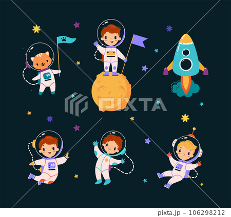 Space Adventure with Boy and Cat Astronaut Character Exploring Galaxy with Planets Around Vector Set 106298212