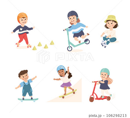 Little Girl and Boy on Scooter and Skateboard in Skate Park Having Fun and Enjoying Recreational Activity Vector Set 106298213