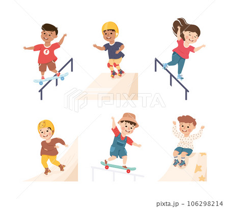 Little Girl and Boy on Roller Skates and Skateboard in Skate Park Having Fun and Enjoying Recreational Activity Vector Set 106298214