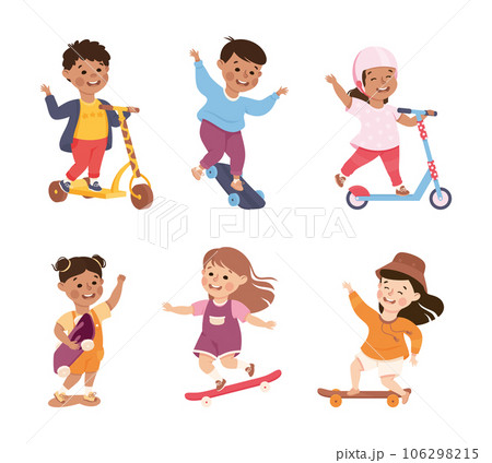Little Girl and Boy on Scooter and Skateboard in Skate Park Having Fun and Enjoying Recreational Activity Vector Set 106298215