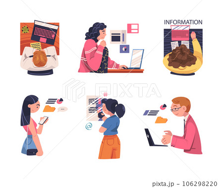 Man and Woman Character Working with Information Analyzing Data and Browsing Internet Vector Illustration Set Man and Woman Character Working with Information Analyzing Data and Browsing Internet Vector Illustration Set 106298220
