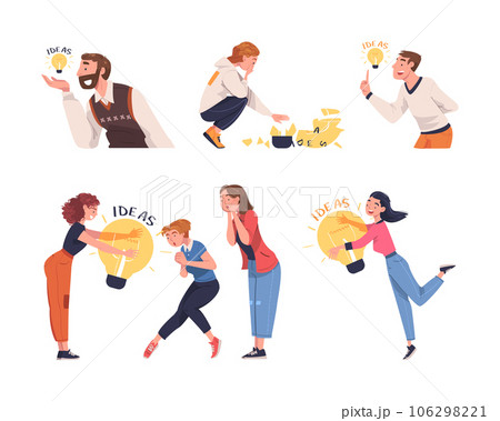 Man and Woman with Glowing Light Bulb Having Idea Vector Illustration Set Man and Woman with Glowing Light Bulb Having Idea Vector Illustration Set 106298221