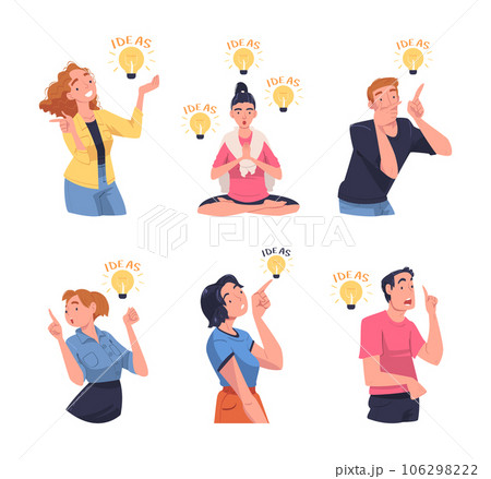 Man and Woman with Glowing Light Bulb Having Idea Vector Illustration Set Man and Woman with Glowing Light Bulb Having Idea Vector Illustration Set 106298222