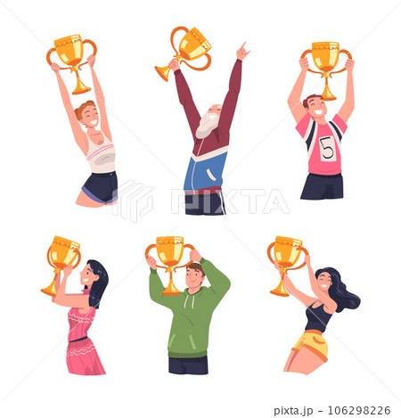 Man and Woman Winner Holding Golden Cup as Trophy and Award Vector Illustration Set 106298226