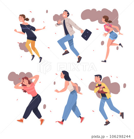 Fire Emergency with Man and Woman Escaping Saving Life when Smoke Vector Illustration Set Fire Emergency with Man and Woman Escaping Saving Life when Smoke Vector Illustration Set 106298244