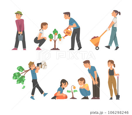 People Characters Planting and Cultivating Money Tree Watering and Fertilizing Soil Vector Set 106298246