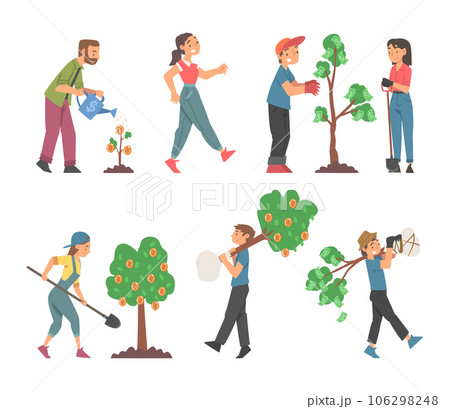 People Characters Planting and Cultivating Money Tree Watering and Fertilizing Soil Vector Set 106298248