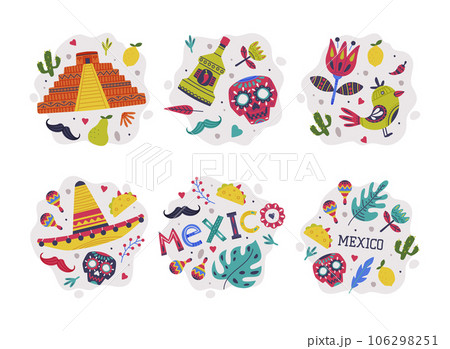Bright Mexico Object with Tequila, Skull and Sombrero Hat Element Vector Composition Set 106298251