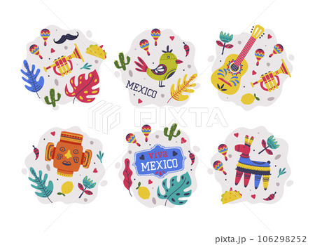 Bright Mexico Object with Pinata, Guitar and Mask Element Vector Composition Set 106298252