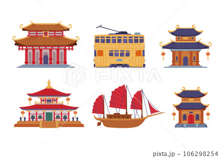 Chinese Building and Transport with Pagoda, Boat and Tram Vector Illustration Set 106298254