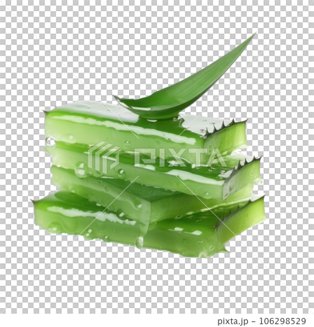 Stack of Aloe vera sliced with gel dripping isolated 106298529