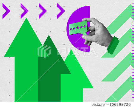 Collage with a hand holding positive feedback. 106298720