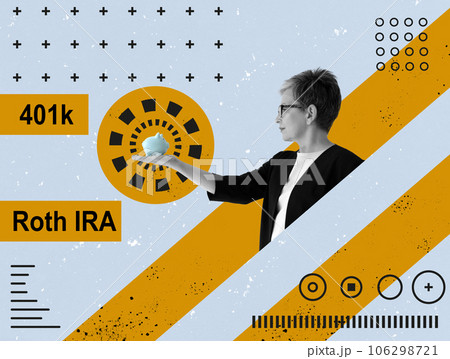 A woman holds piggy bank next to the inscriptions 401k and Roth IRA. Abstract collage. 106298721