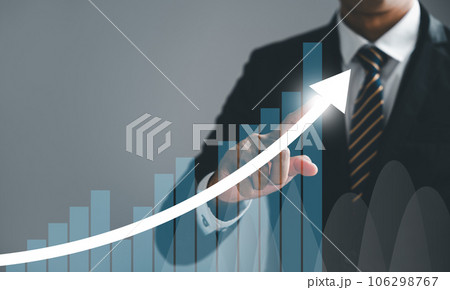 Business analysis, financial investment, and tech concept converge on a journey to success and growing growth. Financial graph on virtual screen crystallizes the dynamic evolution. 106298767