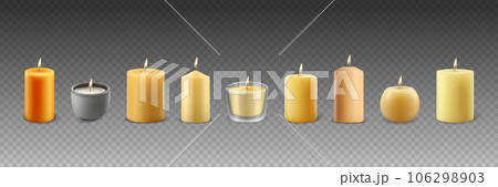 Vector 3d Realistic Different Paraffin Wax Burning Party, Spa Candles Set with Flame of a Candle, Isolated. Candle Design Template Collection, Front View Vector 3d Realistic Different Paraffin Wax Burning Party, Spa Candles Set with Flame of a Candle, Isolated. Candle Design Template Collection, Front View 106298903