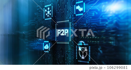 Peer to peer. P2P on futuristic background mixed media 106299081