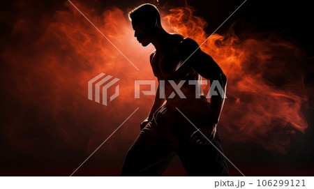 Athletic strong man on dark background. Martial arts athlete, AI 106299121