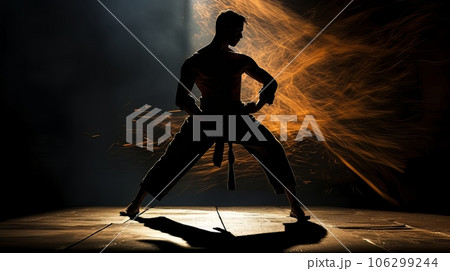 Athletic strong man on dark background. Martial arts athlete, AI Athletic strong man on dark background. Martial arts athlete, AI 106299244