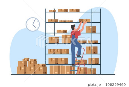 Warehouse or delivery employee arranges cardboard boxes on shelves of rack. Merchandise shipping in storehouse, logistics management, cartoon flat style isolated vector inventory concept 106299460