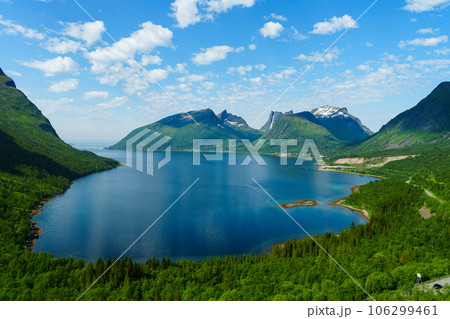 Beautiful classic Norwegian summer landscape in the month of July. mighty mountains meadows, sea 106299461