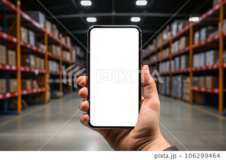 smartphone mockup in Hand. Mobile smartphone empty touch screen on warhouse background. 106299464