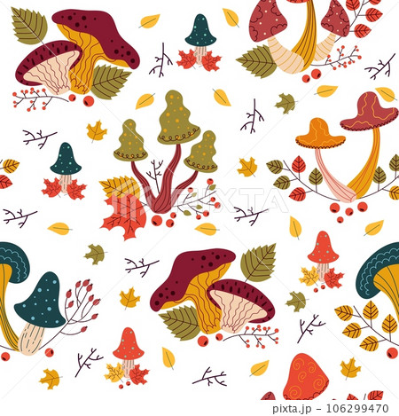Seamless pattern with different mushrooms. Autumn season background. woodland fungus and leaves. Botanical texture. Decor textile, wrapping paper, wallpaper design. Vector concept 106299470