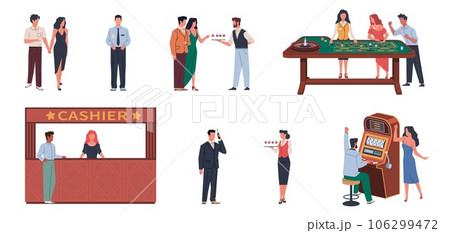 People are gambling. Casino players characters, different games, bingo, roulette and slot machine, cashier desk, visitors, waiter and security, cartoon flat isolated scenes, nowaday vector set People are gambling. Casino players characters, different games, bingo, roulette and slot machine, cashier desk, visitors, waiter and security, cartoon flat isolated scenes, nowaday vector set 106299472