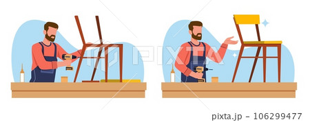 Male craftsman making chair, beginning of assembly and finished result. Hobby and leisure time. Professional carpenter, handyman makes furniture cartoon flat isolated vector concept Male craftsman making chair, beginning of assembly and finished result. Hobby and leisure time. Professional carpenter, handyman makes furniture cartoon flat isolated vector concept 106299477