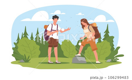 Guy and girl apply anti malarial mosquito bite spray while camping in wilderness. MAn and woman in forest using insect repellent. Summer hiking. Cartoon flat isolated vector concept Guy and girl apply anti malarial mosquito bite spray while camping in wilderness. MAn and woman in forest using insect repellent. Summer hiking. Cartoon flat isolated vector concept 106299483