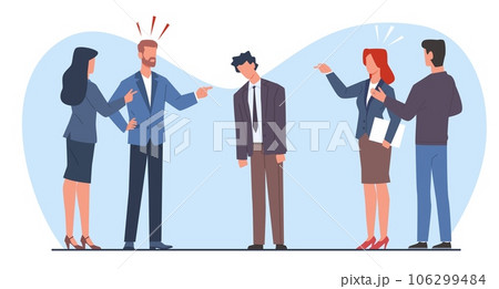 Group of violent people bullying and accusing man of being coworker. Employees point fingers and laugh, emotional stress on work, aggressor and victim cartoon flat style vector concept Group of violent people bullying and accusing man of being coworker. Employees point fingers and laugh, emotional stress on work, aggressor and victim cartoon flat style vector concept 106299484