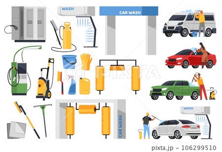 Cartoon car wash elements. Owners take care of vehicles, brushes, vacuum cleaners, rolls and automatic machines with water, man and woman cleaning automobile, tidy vector flat isolated set Cartoon car wash elements. Owners take care of vehicles, brushes, vacuum cleaners, rolls and automatic machines with water, man and woman cleaning automobile, tidy vector flat isolated set 106299510