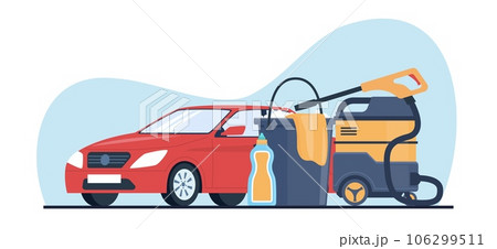 Car wash concept with bucket, car shampoos and high pressure machine. Cleaning automobile, carwash equipment and detergent. Vehicle service, auto center station. Cartoon flat vector illustration 106299511