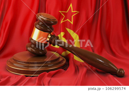 The USSR law and justice concept. Wooden gavel on flag of the Soviet Union, 3D rendering 106299574