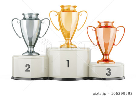 Golden, silver and bronze trophy cups on pedestal. 3D rendering Golden, silver and bronze trophy cups on pedestal. 3D rendering 106299592