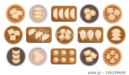 Set Of Dumplings On Wooden Plated And Boards. , Savory Parcels Of Dough Filled With Meat, Vegetables Vector Illustration 106299606