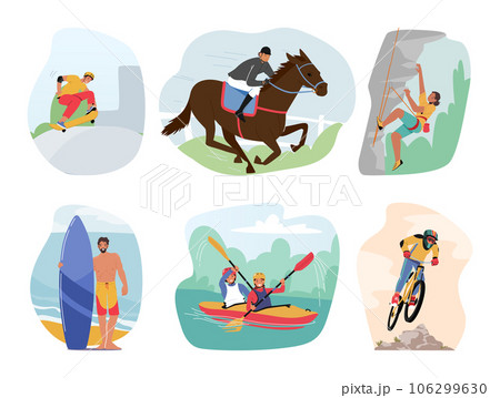 Set Of Male And Female Characters Engage In Extreme Vacation. Men And Women Ride On Skateboard Or Racing Horse Set Of Male And Female Characters Engage In Extreme Vacation. Men And Women Ride On Skateboard Or Racing Horse 106299630