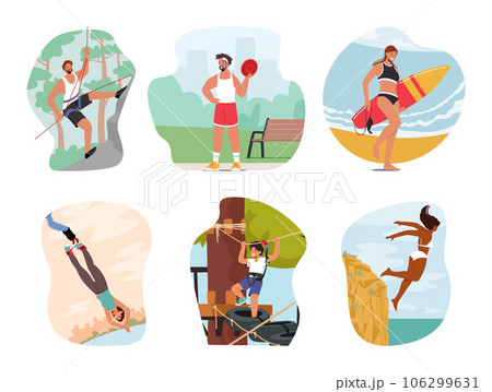 Set Of Male And Female Characters Engage In Extreme Vacation. Men And Women Climbing On Rock, Surfing Set Of Male And Female Characters Engage In Extreme Vacation. Men And Women Climbing On Rock, Surfing 106299631