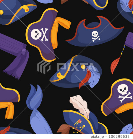 Seamless Pattern Featuring Playful Pirate Cocked Hats With Jolly Roger And Feathers, Cartoon Vector Illustration Seamless Pattern Featuring Playful Pirate Cocked Hats With Jolly Roger And Feathers, Cartoon Vector Illustration 106299632
