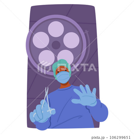 Focused Surgeon Character In Lab Coat Maneuvering With Instruments, Illuminating The Surgical Field, Vector Illustration 106299651