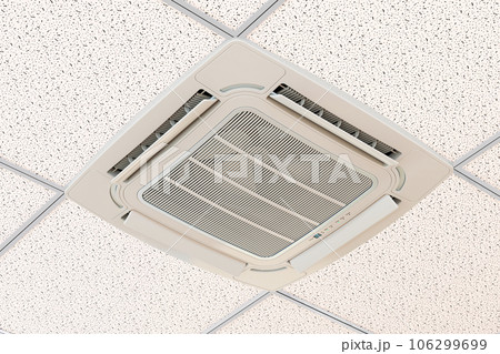 Ceiling Cassette Unit, Indoor Unit of Air Condition installed in the ceiling. 3D rendering Ceiling Cassette Unit, Indoor Unit of Air Condition installed in the ceiling. 3D rendering 106299699