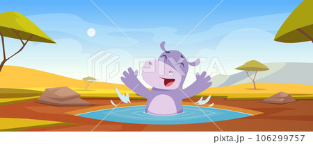 Hippo background. Cartoon african savanna with wild hippo animals exact vector templates set 106299757