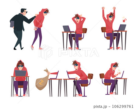 Hacker. Personal data hacking character with laptop exact vector masked online thief hacker Hacker. Personal data hacking character with laptop exact vector masked online thief hacker 106299761