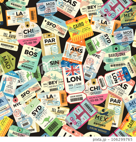 Travel tags pattern. seamless background with luggage sticky labels. vector template 106299765