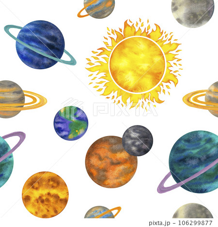 Watercolor seamless pattern with planets of the solar system mercury, venus, earth, mars, jupiter, saturn, uranus, neptune, luna, sun. Background with cartoon planet and the Sun. Cosmos astronomy Watercolor seamless pattern with planets of the solar system mercury, venus, earth, mars, jupiter, saturn, uranus, neptune, luna, sun. Background with cartoon planet and the Sun. Cosmos astronomy 106299877